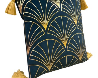 Midnight Diamond Line: Navy Blue Velvet & Gold Stripe Cushion