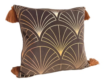 Housse suspendue marron doré à pompons, housse de coussin art déco marocaine, housse vintage, housse de coussin en velours à motif plaqué or 43x43 cm