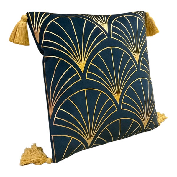 Art deco indigo blue velvet gold cushion cover with tassels, art deco pillow, gold blue cushion cover, velvet pillowcase, 43x43cm