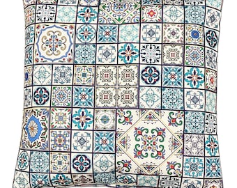 Colorful Portuguese Tile Floor Pillow, Fantastic Spanish Moroccan Tiles Mosaic Cushion, Cushion Cover for Outdoor, Tiles Pillowcase 50x 49cm