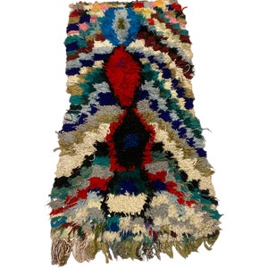 Boucherouite Vintage Tribal Marockansk Handvävd Flerfärgad Patchwork Diamant Rhombus Triangelmatta 180x90cm