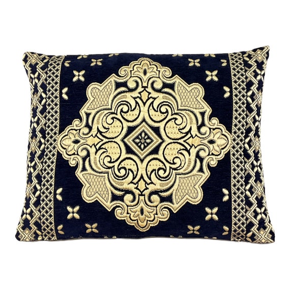 Black Velvet Moroccan Floral Cushion Cover, Golden Geometric Pattern Pillow  Cover, Housewarming Gift, Luxury Velvet Cushion Cover 63 x 52 cm