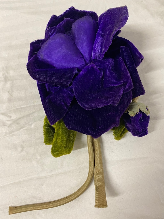 Vintage Art Deco Silk Rose - 1930s Purple Green V… - image 1