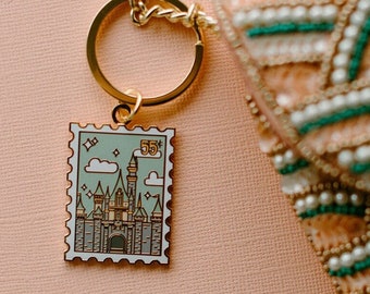 Vintage Stamp Sleeping Beauty's Castle Hard Enamel Keychain