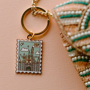 Vintage Stamp Sleeping Beauty's Castle Hard Enamel Keychain
