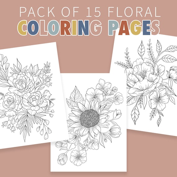 Floral Illustration Coloring Pages for Adults Pack of 15