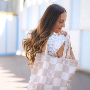 Checkerboard Mickey Distressed Tote Bag in Pink, Tan or Grey