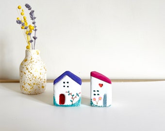 Set Of 2 - Little ceramic houses l sold individually  | Cute mini ceramic houses | putz houses | tiny houses I Handmade Tiny Clay Houses