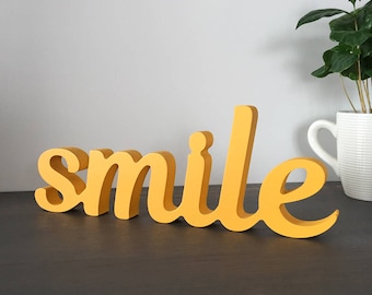 Positive wood sign 'smile' painted in yellow, or color of your choice. Happy home wooden sign, smile office workspace sign, happy mood sign