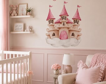 Adesivo murale con castello rosa da principessa per la cameretta delle bambine, adesivo murale personalizzato con nome, castello fiabesco ad acquerello, decorazione per la cameretta della bambina.