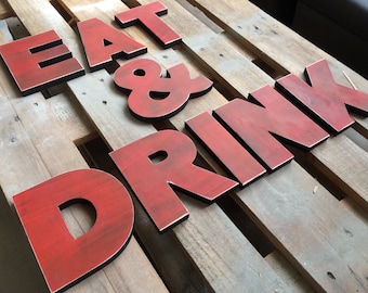 Kitchen decor wall hanging EAT & DRINK. Bar Decor, Kitchen Decor, Restaurant- Wood sign kitchen decor. Rustic Eat and Drink cut out letters.
