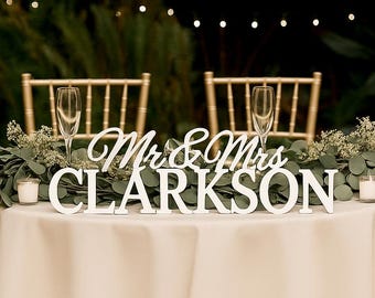 Mr and Mrs Sign for Wedding Table | Custom Last Name Wooden Sweetheart Table Sign | Personalized Reception Decor | Family Last Name Sign