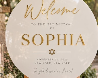 Cartello di benvenuto personalizzato per la celebrazione del Bat Mitzvah, lussuoso cartello rotondo o rettangolare in acrilico per la festa dei 16 anni, Bar o Bat Mitzvah, Giubileo