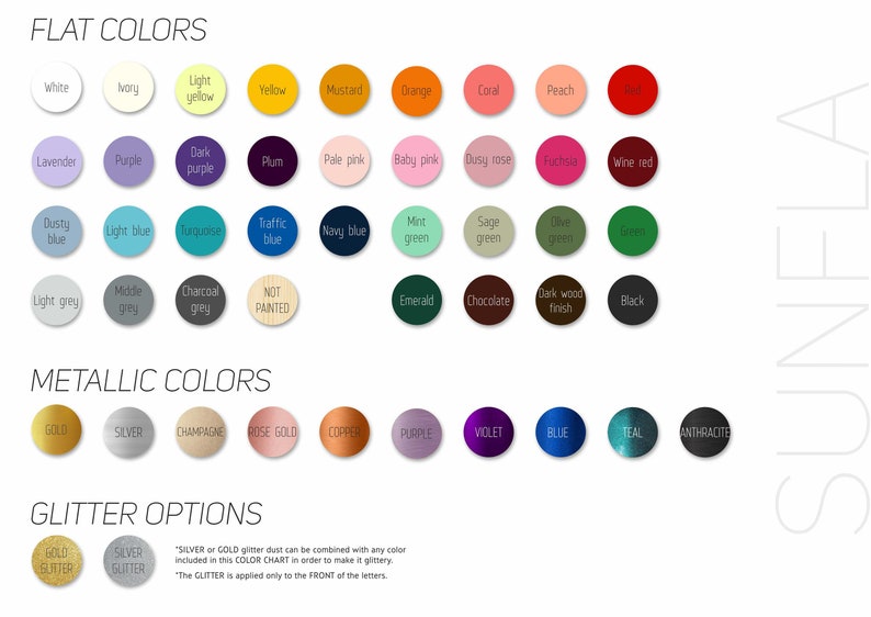 May include: Color chart with a variety of flat colors, metallic colors, and glitter options. The chart includes colors like white, ivory, yellow, mustard, orange, coral, peach, lavender, purple, dark purple, plum, pale pink, baby pink, dusty rose, fuchsia, wine red, dusty blue, light blue, turquoise, traffic blue, navy blue, mint green, sage green, olive green, forest green, light grey, matte grey, charcoal grey, not painted, emerald, chocolate, dark wood finish, black, gold, silver, champagne, rose gold, copper, purple, violet, blue, teal, and anthracite. The chart also includes options for gold and silver glitter.