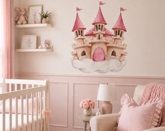 Pink Princess Castle Wall Decal for Girls Nursery, Personalized Name Wall Sticker, Watercolor Fairytale Castle, Baby Girl Nursery Decor