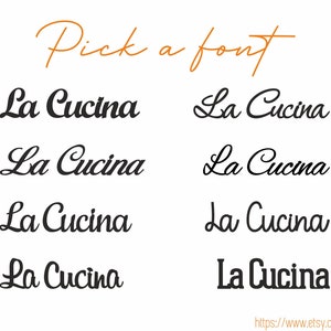 Puede incluir: Un gr&aacute;fico que muestra ocho estilos de fuente diferentes para el texto "La Cucina". El texto est&aacute; en negro y los n&uacute;meros del 1 al 8 est&aacute;n en naranja.