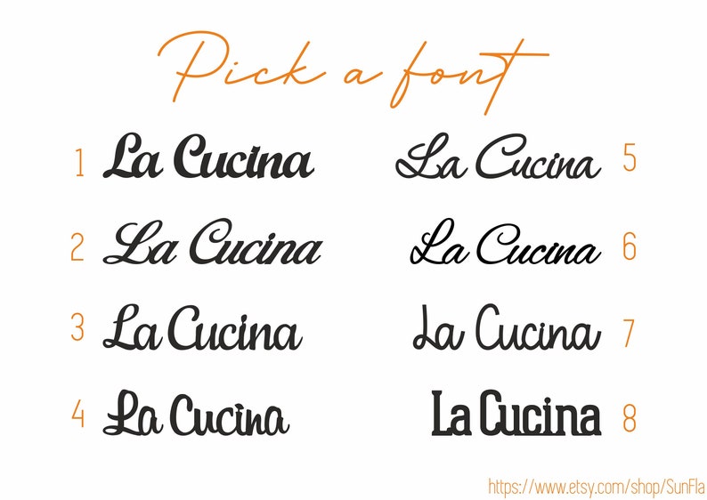 Puede incluir: Un gr&aacute;fico que muestra ocho estilos de fuente diferentes para el texto "La Cucina". El texto est&aacute; en negro y los n&uacute;meros del 1 al 8 est&aacute;n en naranja.