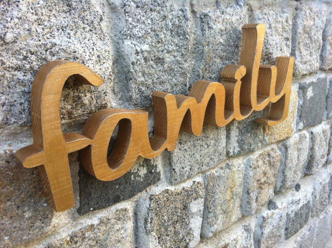 Wood Sign word FAMILY wood script Wood sign letters. Gold. Etsy