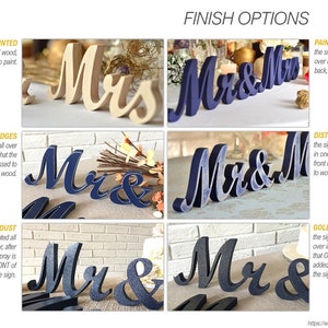 May include: A set of wooden "Mr. & Mrs." wedding signs with different finish options. The options include: not painted, painted, distressed edges, distressed front, silver glitter dust, and gold glitter dust.