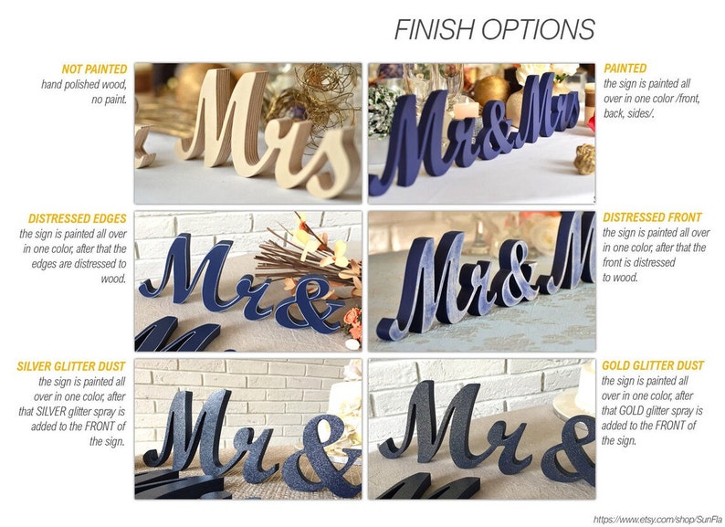 May include: A set of wooden "Mr. & Mrs." wedding signs with different finish options. The options include: not painted, painted, distressed edges, distressed front, silver glitter dust, and gold glitter dust.