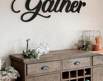 GATHER Wood Cutout Sign | Farmhouse Kitchen Wall Decor | Rustic Wood Word Sign | Wooden Cutout Home Decor Sign for Dining room decor