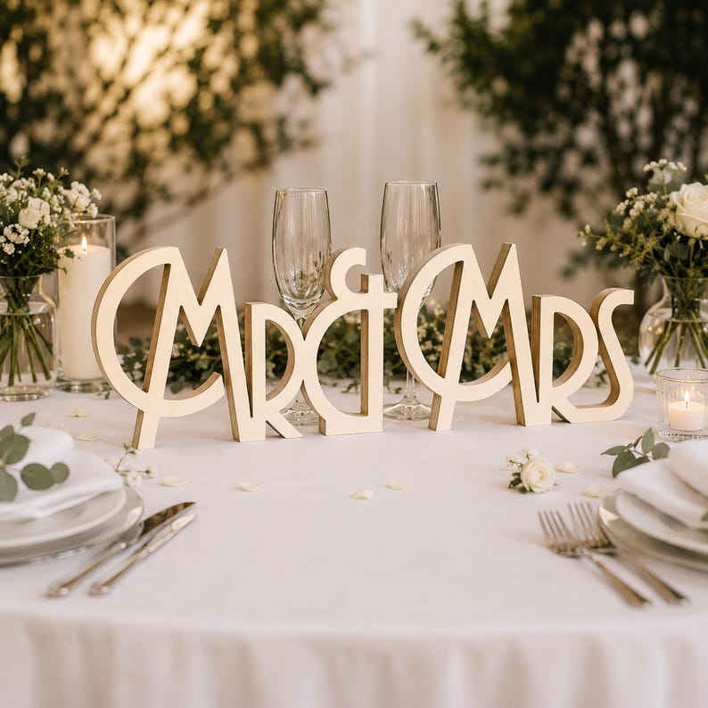 May include: Wooden "Mr & Mrs" sign in a cursive font, placed on a white tablecloth. Two champagne flutes stand behind the sign. The table is set with white plates, silverware, and floral arrangements, creating a romantic wedding theme.
