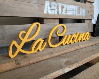 Yellow Cursive La Cucina sign - La Cucina Italian word for the kitchen - Cottage Chic decoration, wood sign wall decor, Kitchen Sign