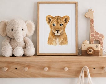 Stampa per cameretta con cucciolo di leone, stampa con animali per bambini, disegno murale di un cucciolo di leone ad acquerello, dimensioni 8x10"