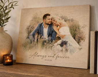 Ritratto di coppia personalizzato su legno, ritratto di famiglia personalizzato su legno, regalo di anniversario per la coppia, regalo di nozze, decorazione murale romantica per la coppia