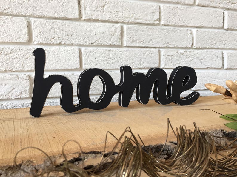 Black distressed edges /'home/' sign freestanding wooden script letters sign home decor wood sign wall hanging sign