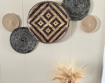 black geometric boho bohemian basket wall decor, wall art set of 5 baskets