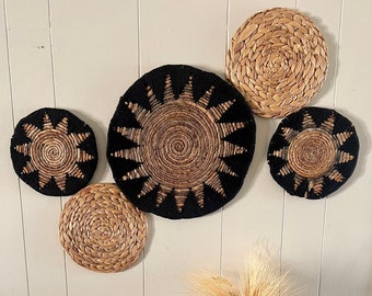 black sun boho bohemian basket wall decor, wall art set of 5 baskets