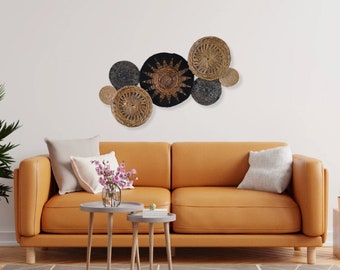 Black Sun Bohemian Basket Wall Decor - Set of 7 Embroidered and Wicker Pieces