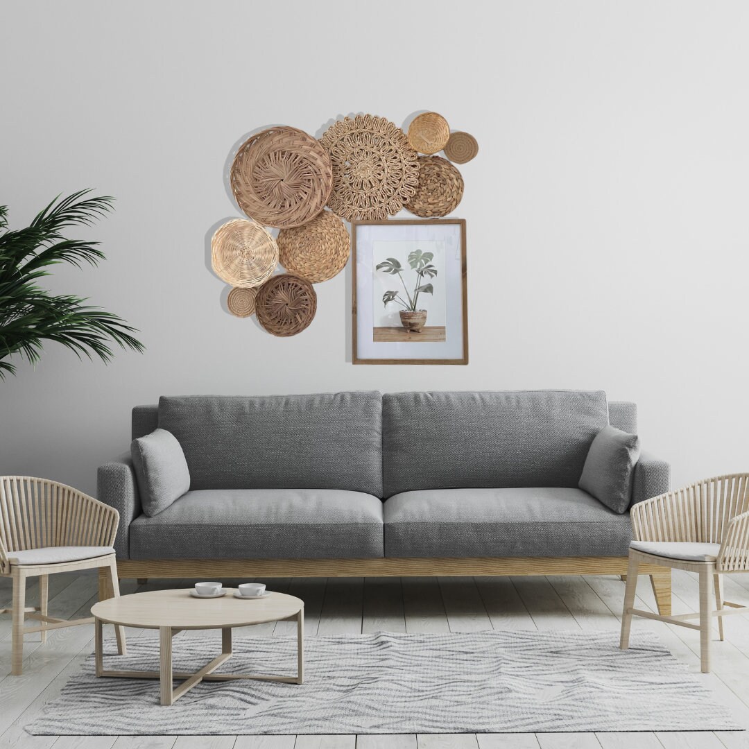 ASTNIC Set van 11 boho wandmand, wandbehang, rotan, decoratieset, rond geweven, boho rustieke wandmanden met kwastjes, macramé, handgeweven manden