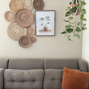 May include: A grey sofa with two cushions, one brown and one grey, in front of a wall with a framed print of a plant and a hanging macrame plant holder with a potted plant. The wall is decorated with a collection of woven wall decor.