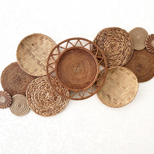 11-Piece Sunburst Boho Basket Wall Decor Set - Rust Tones, Natural Fibers