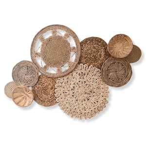 Ivory Rattan Tan Bohemian Basket Wall Arrangement - Set of 10 Handmade Wicker Pieces
