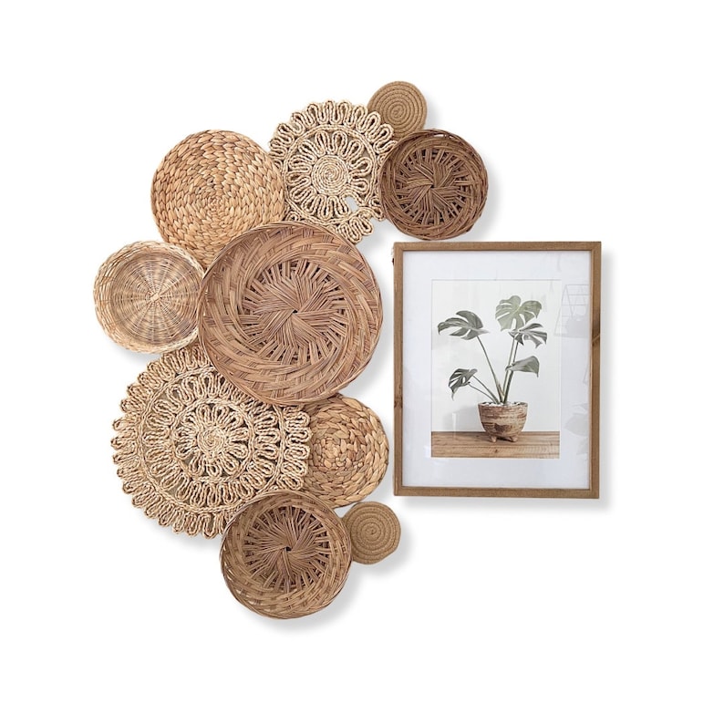 May include: A set of woven wall decor featuring round, circular, and oval shapes in natural brown tones. The set includes a framed print of a potted plant with green leaves.