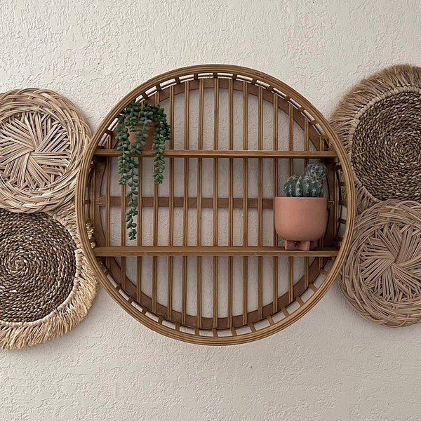 bohemian basket wall, boho, decor, wall art, living room, boho, farmhouse, bedroom, wicker, set of 12 baskets (*shelf not included)