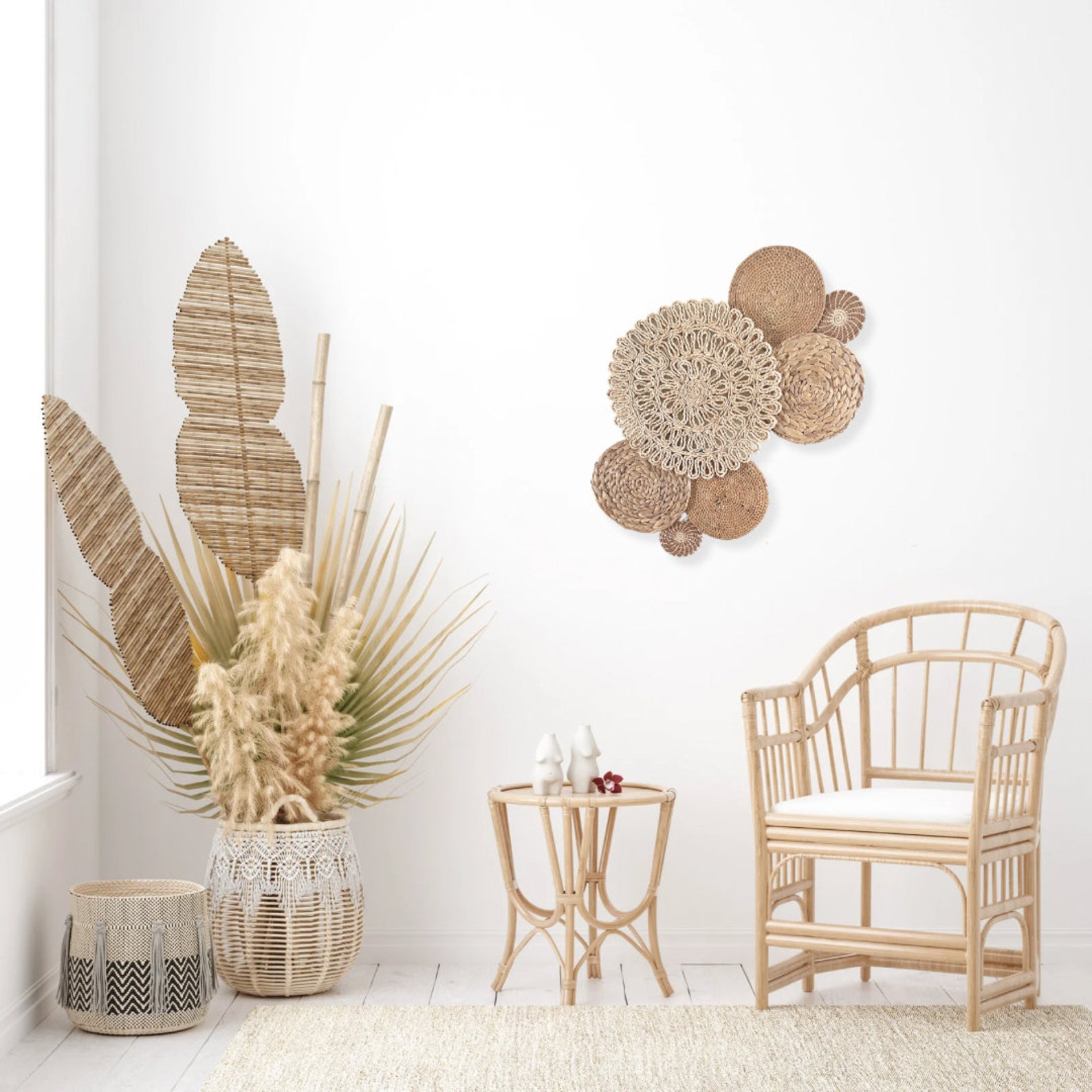 Ivory and Rust Boho Basket Wall Decor Set - 7-piece Handwoven Bohemian ...