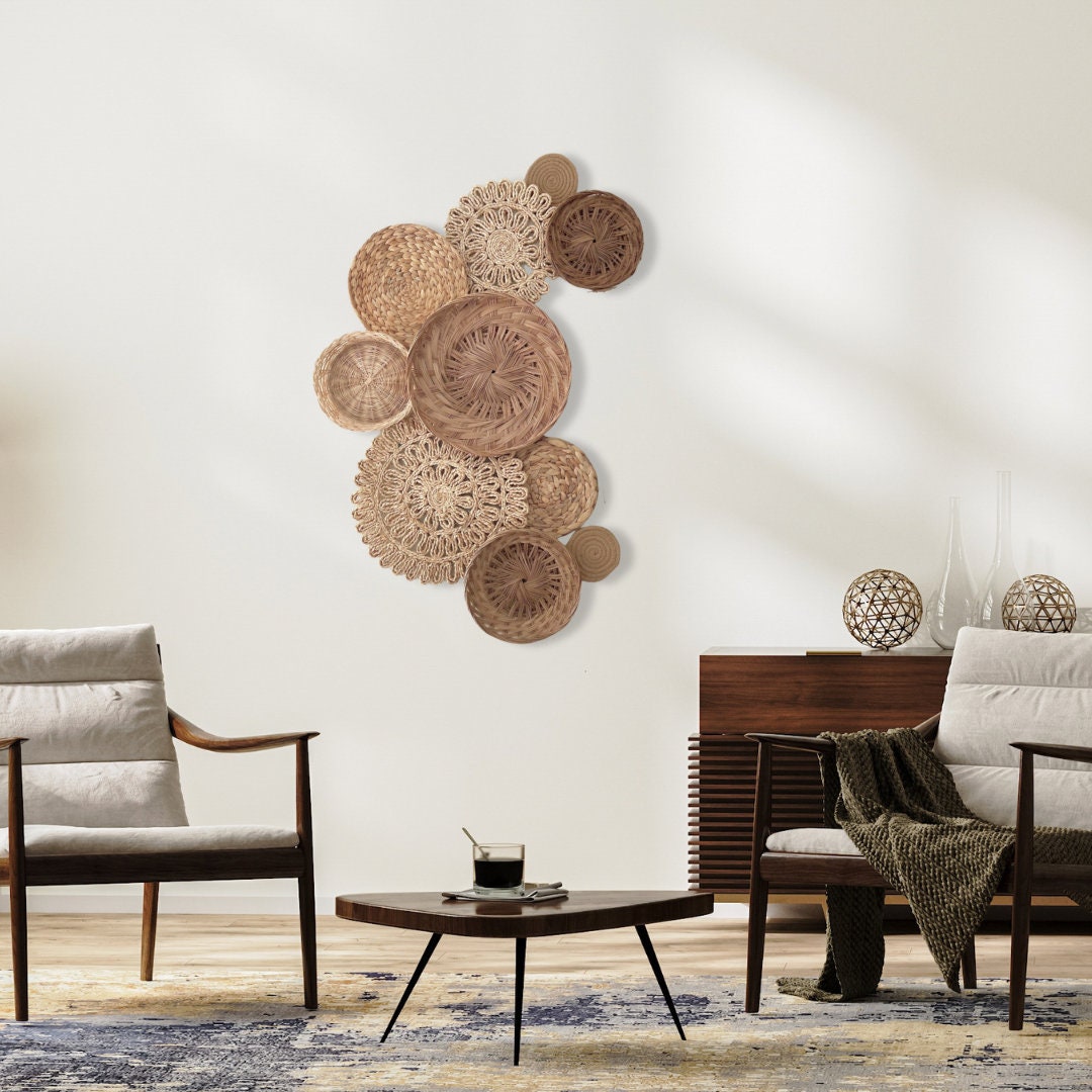 Handwoven Wicker Basket Wall Decor Set of 10: Boho Farmhouse Style - Etsy