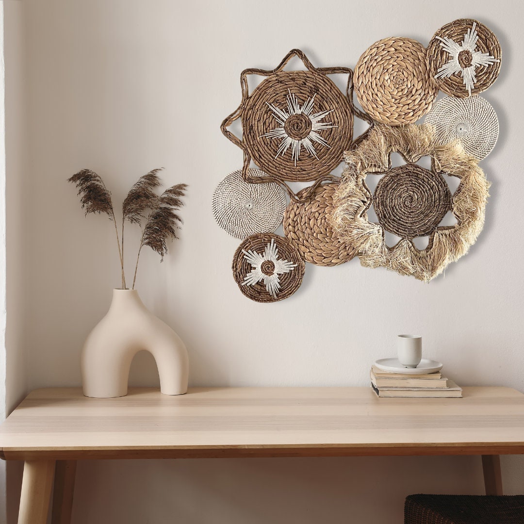 Boho Wicker Basket Wall Decor: Frayed Sun Design, Set of 8 - Etsy