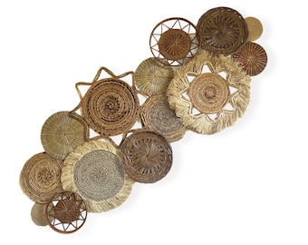 large sun frayed brown boho bohemian basket wall decor, wall art set of 14 baskets