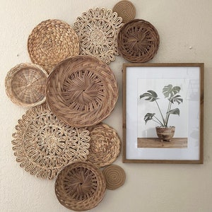 May include: A wall decor set featuring a variety of woven and crocheted round wall hangings in natural tones. The set includes a framed print of a potted plant with green leaves.