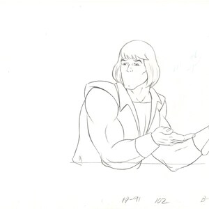 May include: A black and white animation cel of a muscular man with short, blonde hair, wearing a long-sleeved shirt and a jacket. The man is gesturing with his right hand. The bottom of the cel has the numbers "88-91", "102", and "B-4".