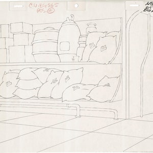 May include: A black and white line drawing of a shelf with various items on it. The shelf is made of wood and has a metal frame. There are several boxes, a barrel, a large jar, and a few bags on the shelf. The bags have a symbol on them that looks like a letter "E".