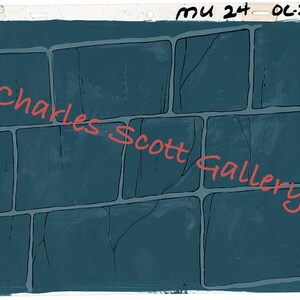 May include: A blue brick wall with black lines and cracks. The text "charles scott gallery" is written in red across the wall.