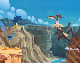 May include: A cartoon roadrunner stands on a cliff overlooking a canyon, while a cartoon coyote hangs precariously over the edge, looking panicked.
