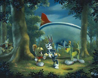 Rob Kaz Signed Hare-Y Situation with Marvin Martian and Bugs Bunny Warner Brothers Limited Edition of 29 Giclee on Canvas