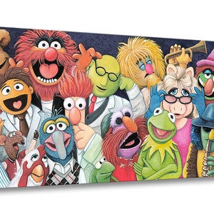 May include: A rectangular canvas print featuring a colorful, detailed illustration of a large group of Muppet characters, including Kermit the Frog, Miss Piggy, Fozzie Bear, Animal, and Gonzo, arranged together against a dark, textured background.